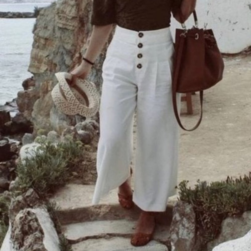 Zara White Button High Waisted Culottes Trousers Wide Leg XS